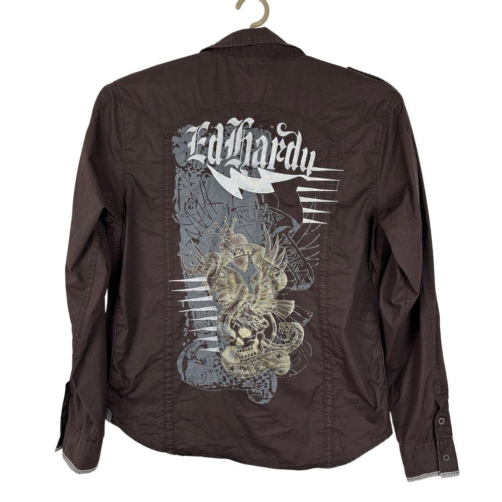 Y2K Ed Hardy- Christian Audigier Brown Button Shirt Large Tattoo Print
